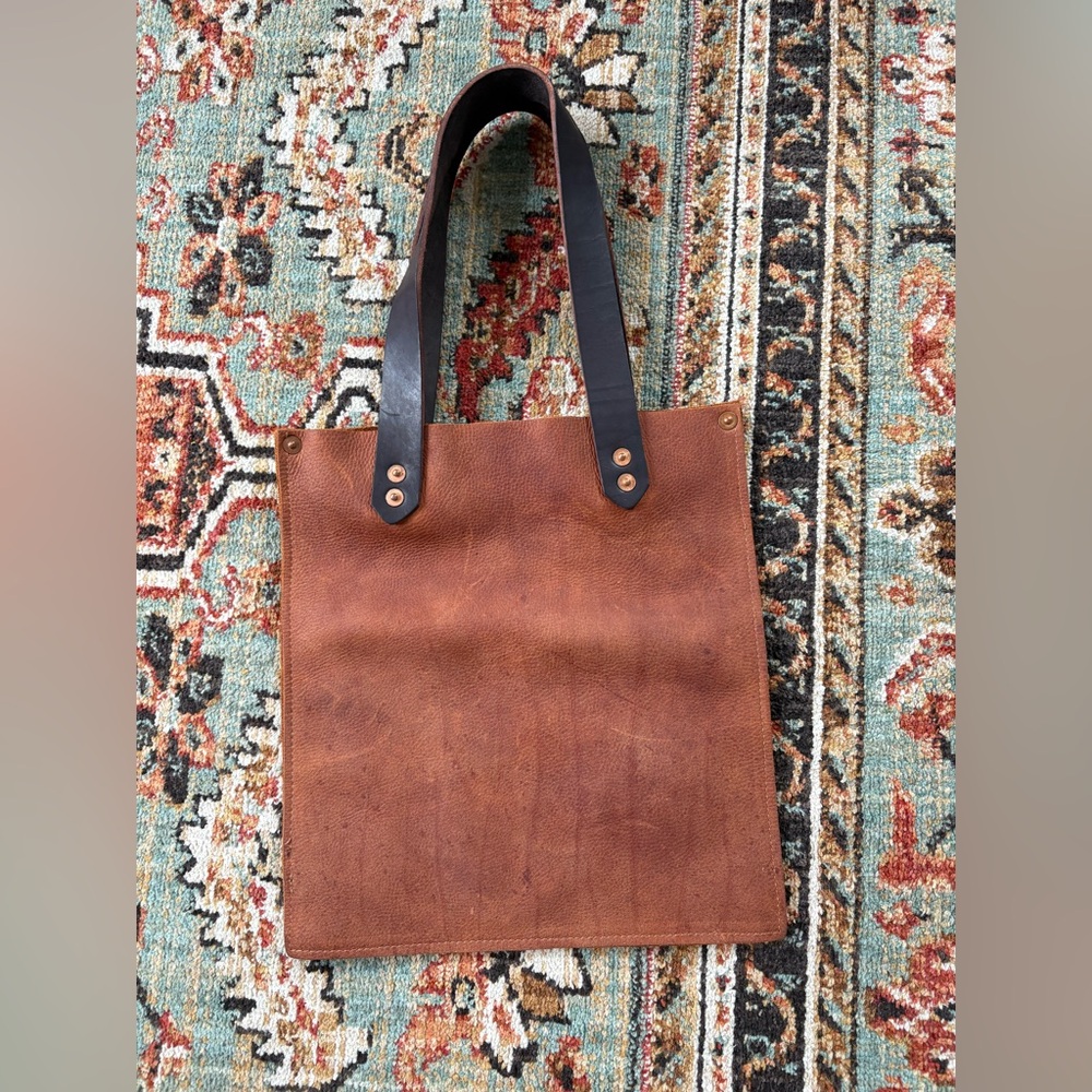 Handmade Leather Tote Bag Brown Black Handles